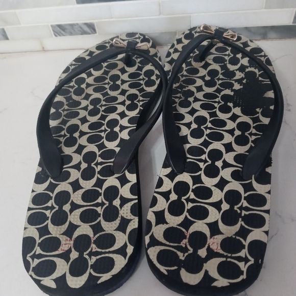 Coach Amel Signature All Over Logo Thong Flip Flop Rubber Sandals w Bow - Picture 6 of 7